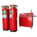 Fire extinguisher filling machine with two red pressurized cylinders and a digital control console.