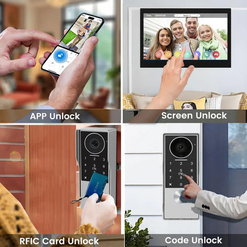 Wall intercom keypad and indoor touchscreen monitor; unlock with app, card, or code