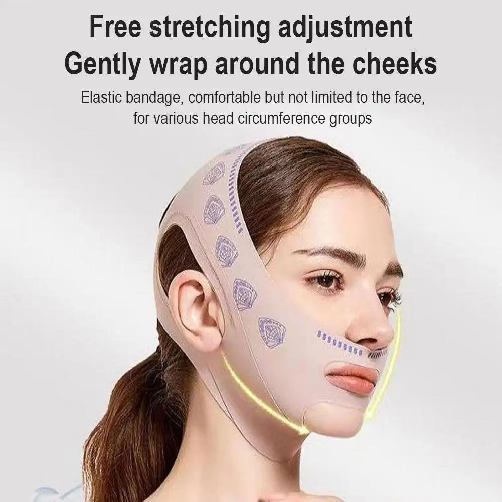 A woman wears a beige, elastic V-line face slimming bandage with a purple shell pattern on the side.