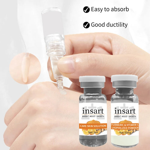 Anti-inflammatory turmeric and Vitamin C powder 50mg in clear vials with white and silver caps.