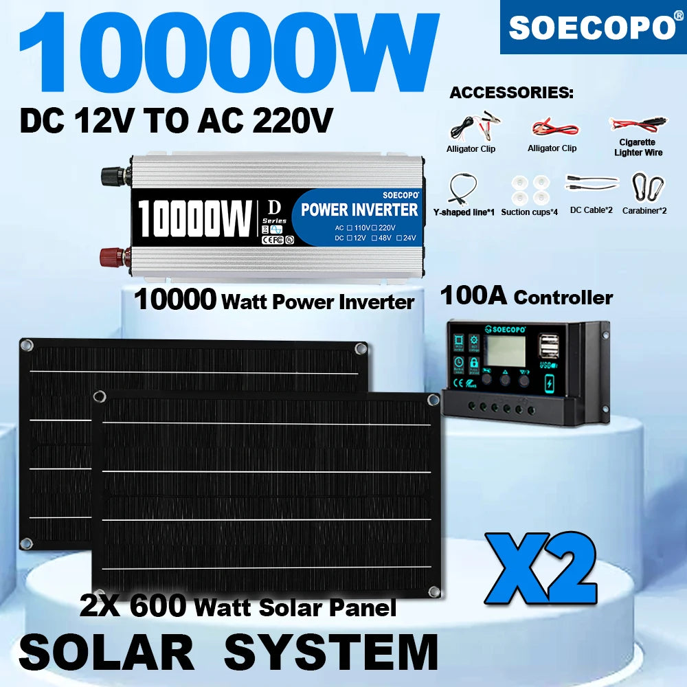 SOECOPO10000W Peak Solar System Kit 2x300W Solar Panels DC 12V 24V - AC 110V/220V Inverter 100A Controller for Home Camping