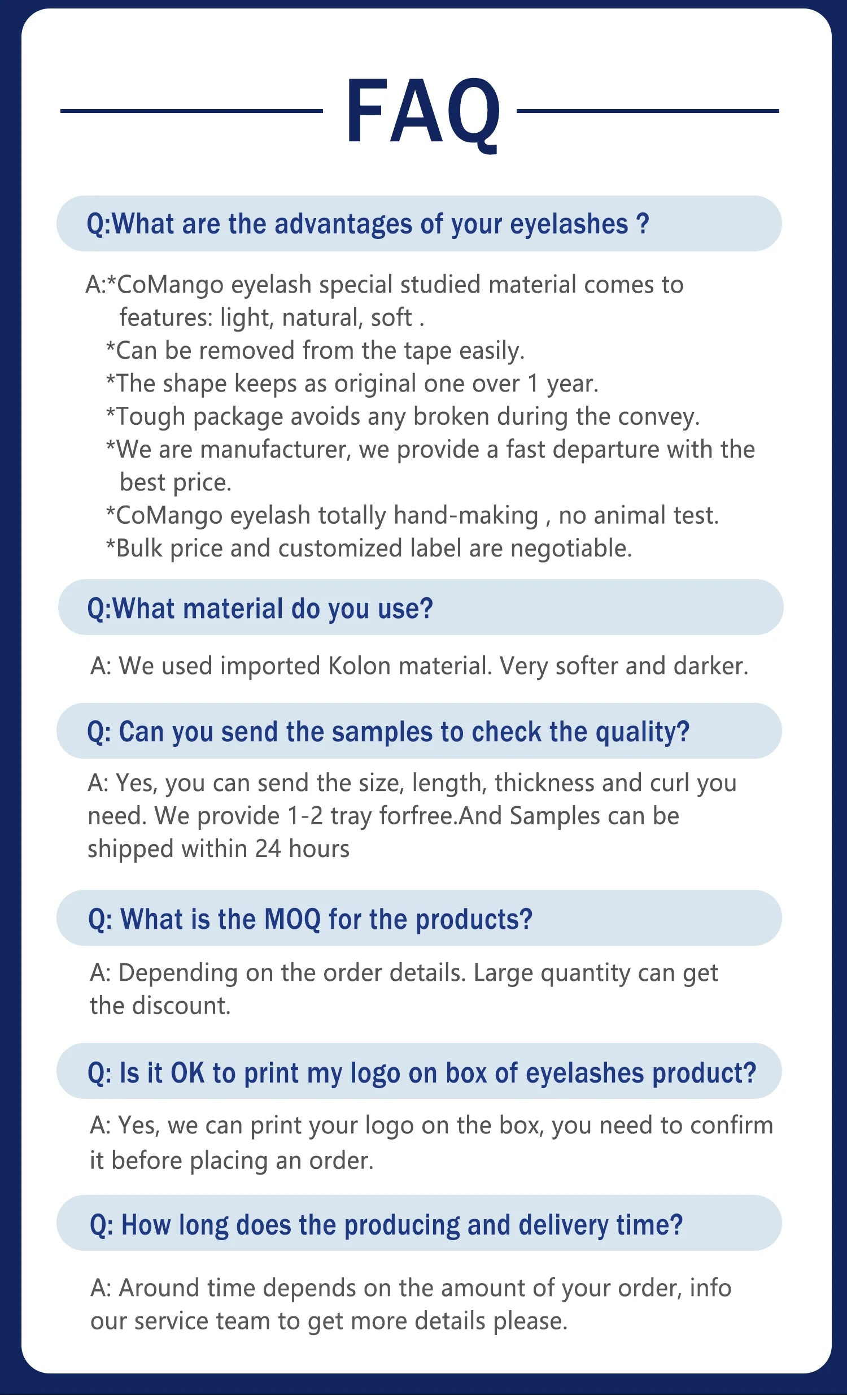 An FAQ graphic for Tidesmit lash extensions outlining product benefits, materials, samples, MOQ, and branding options.