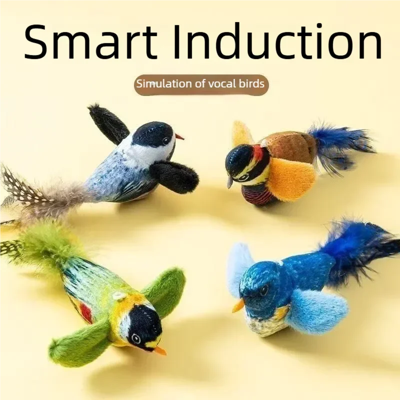 Interactive plush bird cat toy with chirping sound and motion to stimulate play for kittens and cats.