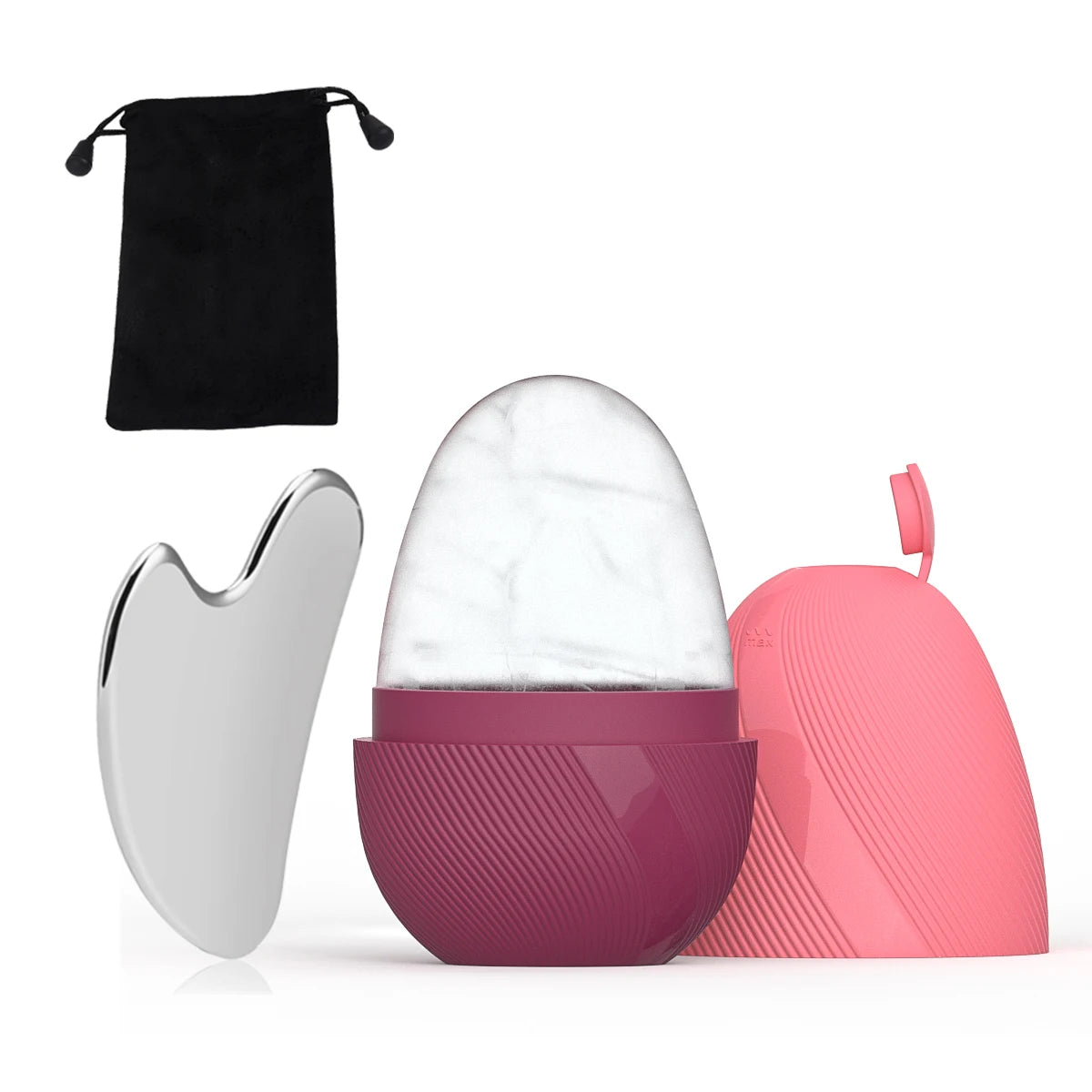 A skincare set with a heart-shaped silver stainless steel Gua Sha, an egg-shaped ice roller, and a black storage pouch.