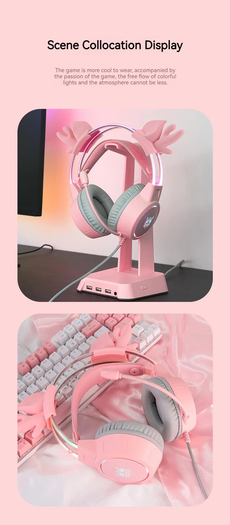 Pink Gaming Headphones with Cat Ears, RGB Mic, and Low Latency Audio Tidesmit