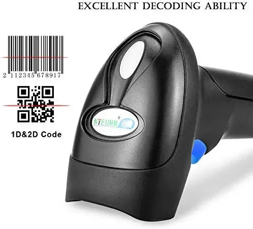 Black handheld 1D/2D barcode scanner with front scan window and blue button