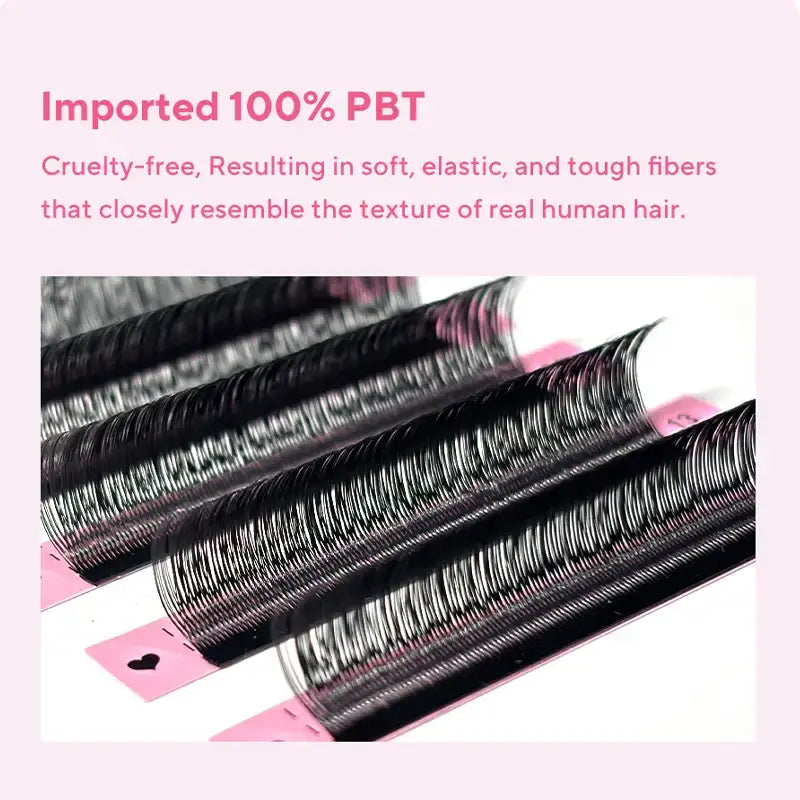 Black PBT YY-shaped lash extension strips on pink trays, demonstrating soft, dense, curved featherlight fibers.