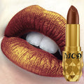 Long-lasting metallic pearlescent lipstick in a bold, intense bronze glitter shade with a premium gold tube case.