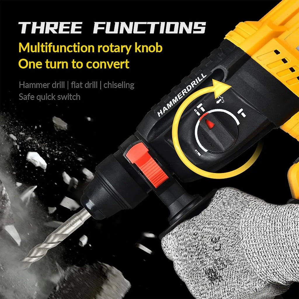 Brushless Cordless Rotary Hammer Drill 3-in-1 Heavy Duty Electric Demolition Hammer Impact Drill Concrete Breaker Chisel Power Tool High Power SDS Plus Compatible Lithium Battery