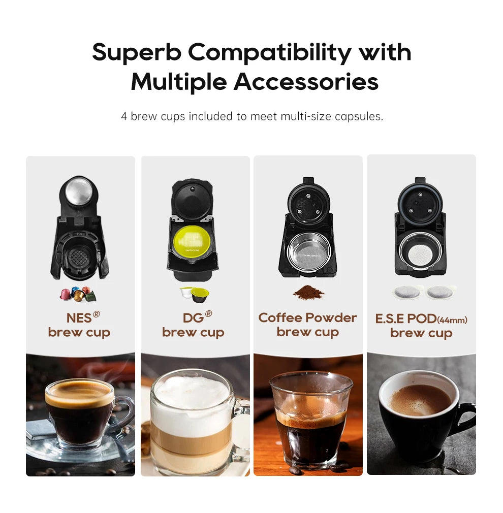 Black multi-capsule coffee maker with 4 adapters for NES, DG capsules, coffee powder, and E.S.E. pods.