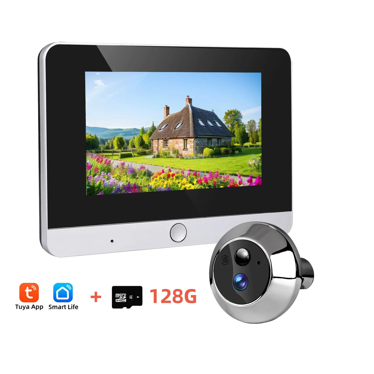 Smart door peephole camera with 5-inch LCD screen and round silver camera, 128G