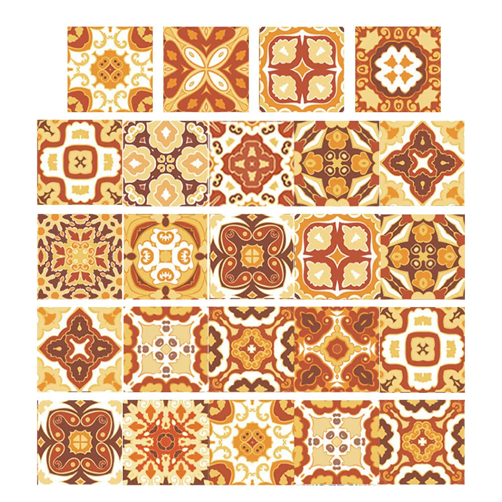 Square mosaic tile sticker sheet featuring orange, brown, and cream vintage geometric motif