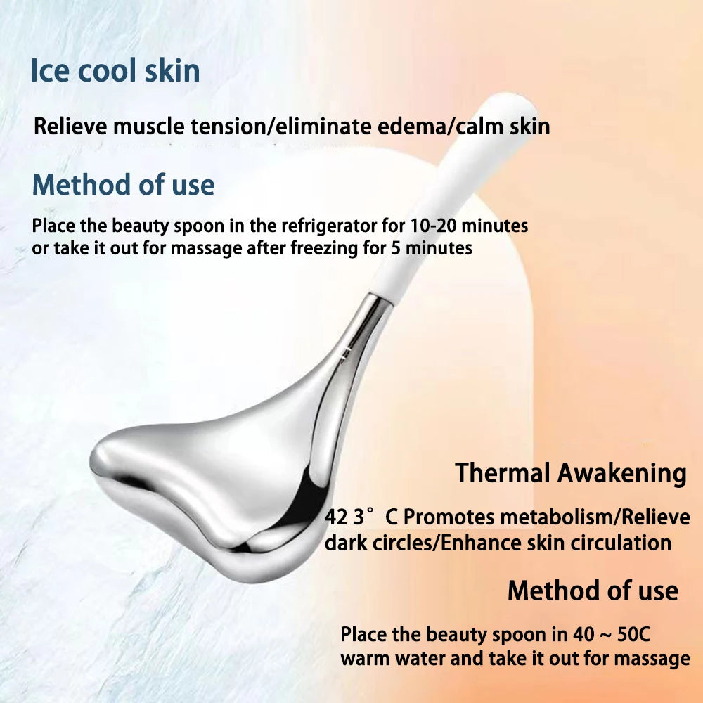 A polished stainless steel facial gua sha tool with a white handle, displayed against an informational background.
