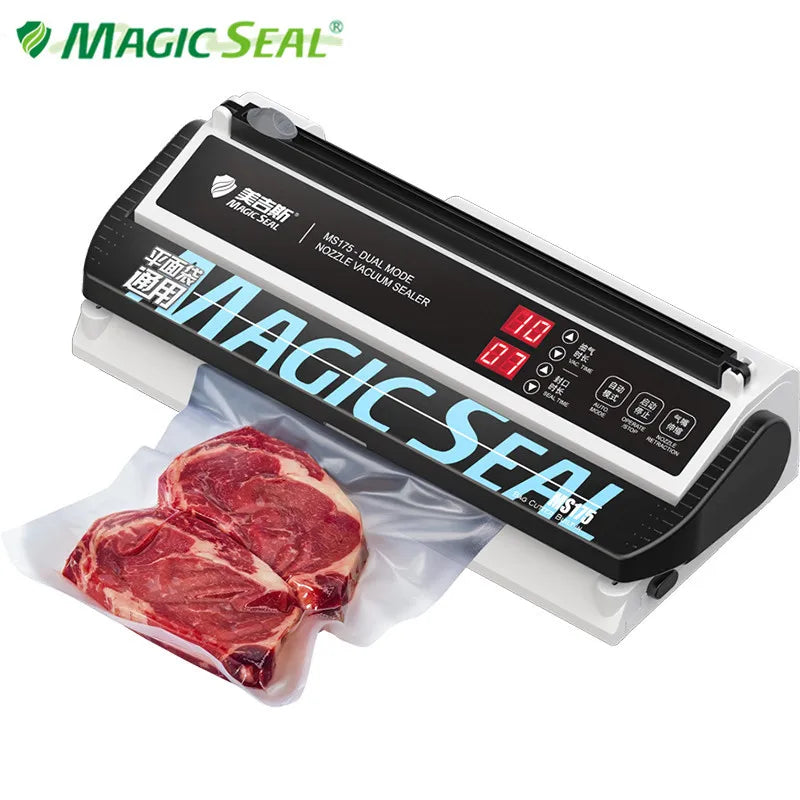Electric vacuum sealer machine with control panel and sealed food pouch
