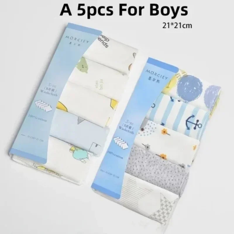 Morciey 5-pack baby washcloths, 100% cotton, 21x21cm, blue nautical designs for boys. Soft baby care essentials.