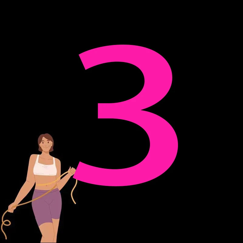 A person wearing athletic clothes holding a yellow measuring tape in front of a large, bright pink number three.