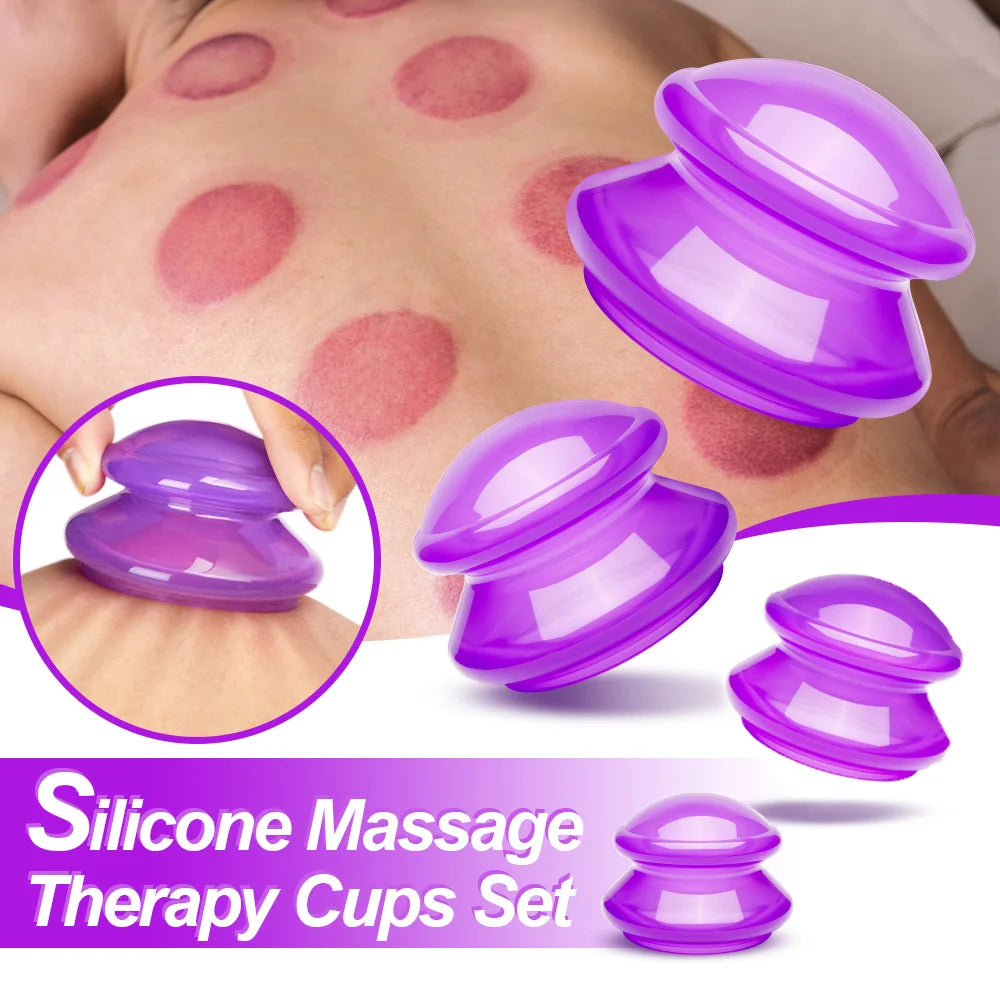 Four purple silicone vacuum suction cups for massage therapy shown against a background of skin with cupping marks.