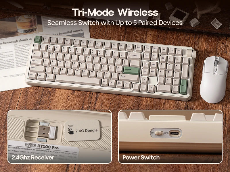 EPOMAKER RT100 PRO Full Sized ANSI US Layout Tri-mode Wireless Mechanical Gaming Keyboard with 5000mAh Battery & RGB Backlight
