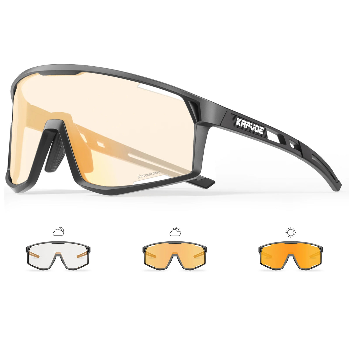 KAPVOE photochromic cycling sunglasses with black frame and amber lens.