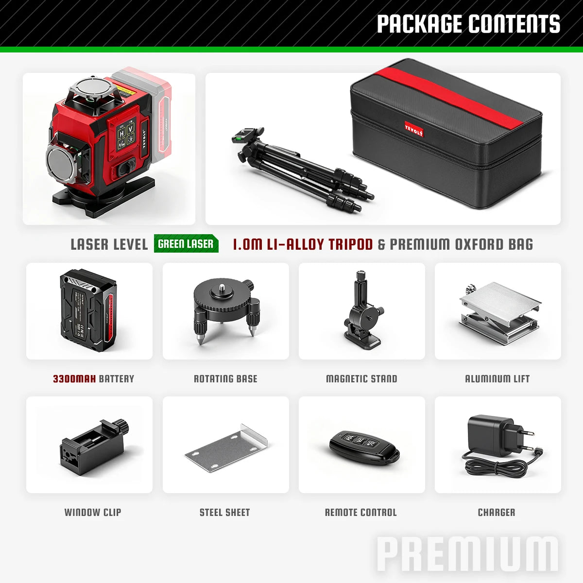 Green laser level kit with red laser level, black carrying case, rotating base and magnetic stand
