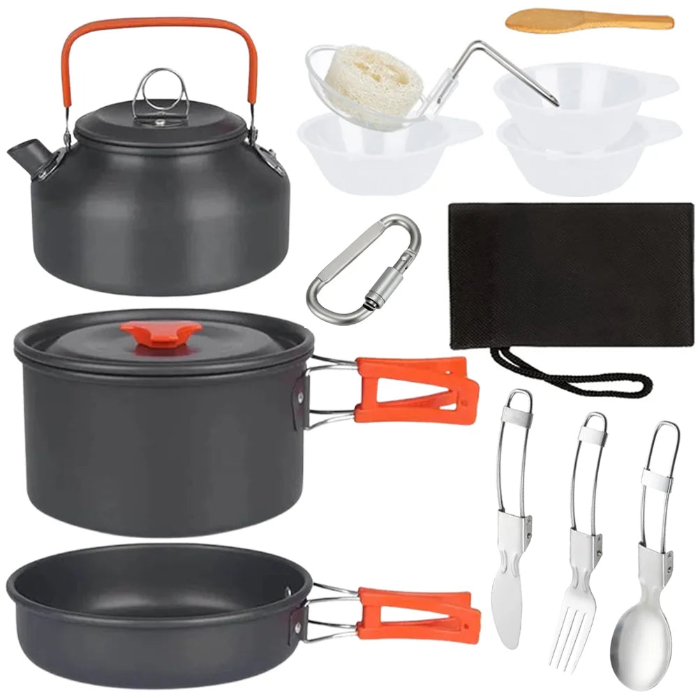 Aluminum alloy camping cookware set with kettle, pot, pan, utensils, and black cleaning cloth