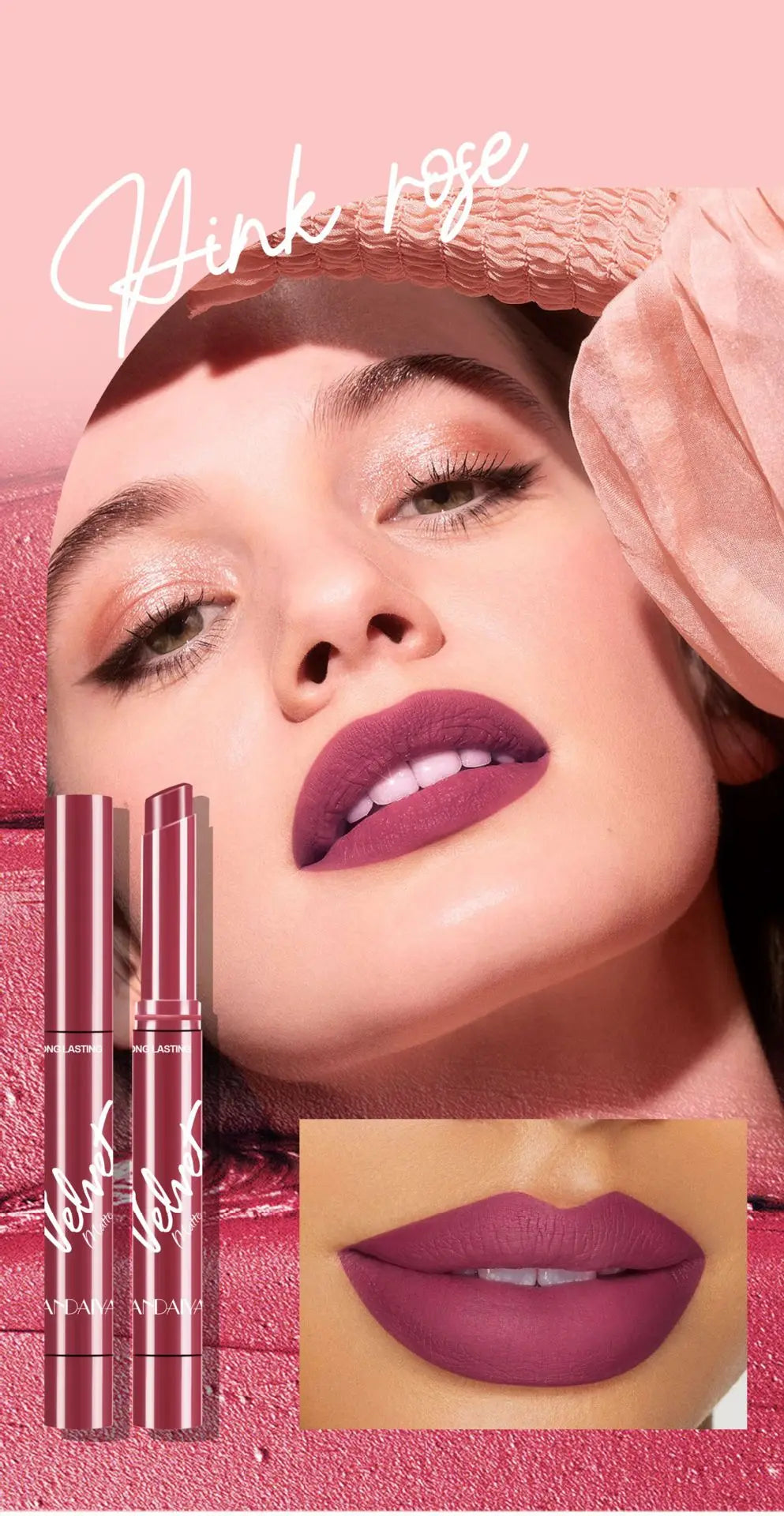 8pcs velvet matte lipstick set in pink rose with long-lasting formula and sleek applicator tubes.
