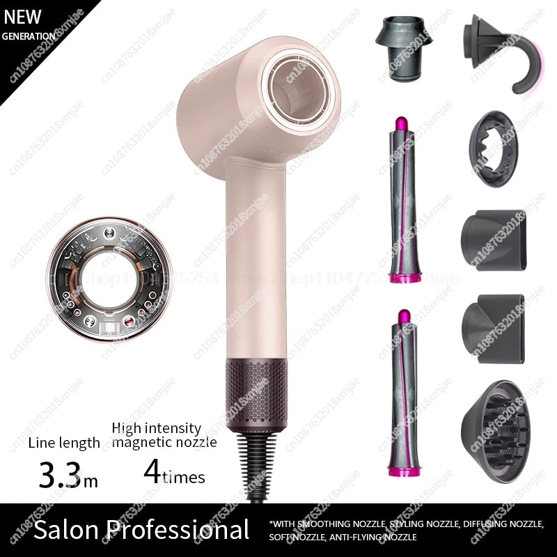 Pink leafless ionic hair dryer with magnetic styling attachments, diffuser, and smoothing nozzles for professional use.