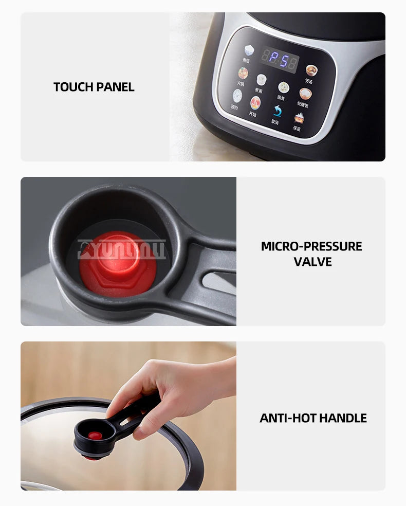 Electric rice cooker touch panel, micro-pressure valve, and anti-hot handle details