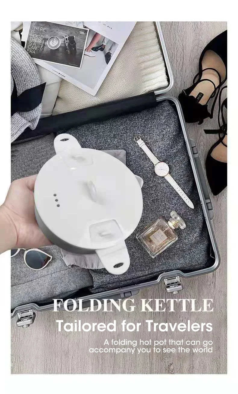 Foldable electric kettle travel case with white silicone pot and lid