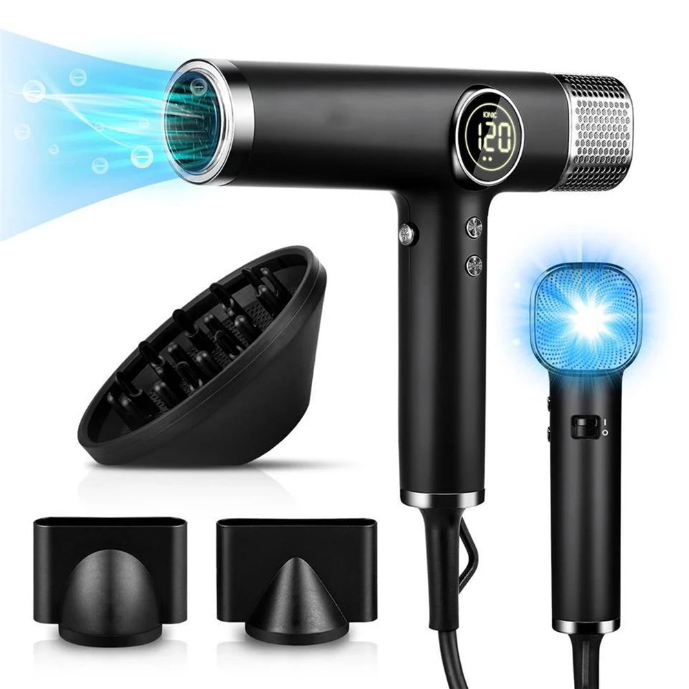 Black 1800W professional ionic hair dryer with digital display, diffuser, and styling nozzle attachments.