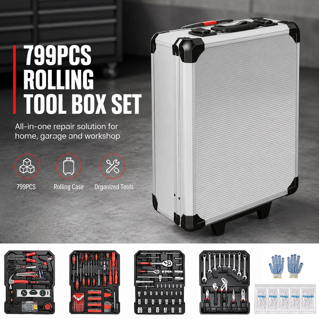 Professional Rolling Toolbox with Wheels Complete Mechanic Tool Set Heavy Duty Socket Wrench Kit Automotive Repair Hand Tools Portable Storage Case for Car Motorcycle Bicycle Home Garage Workshop Maintenance Equipment DIY