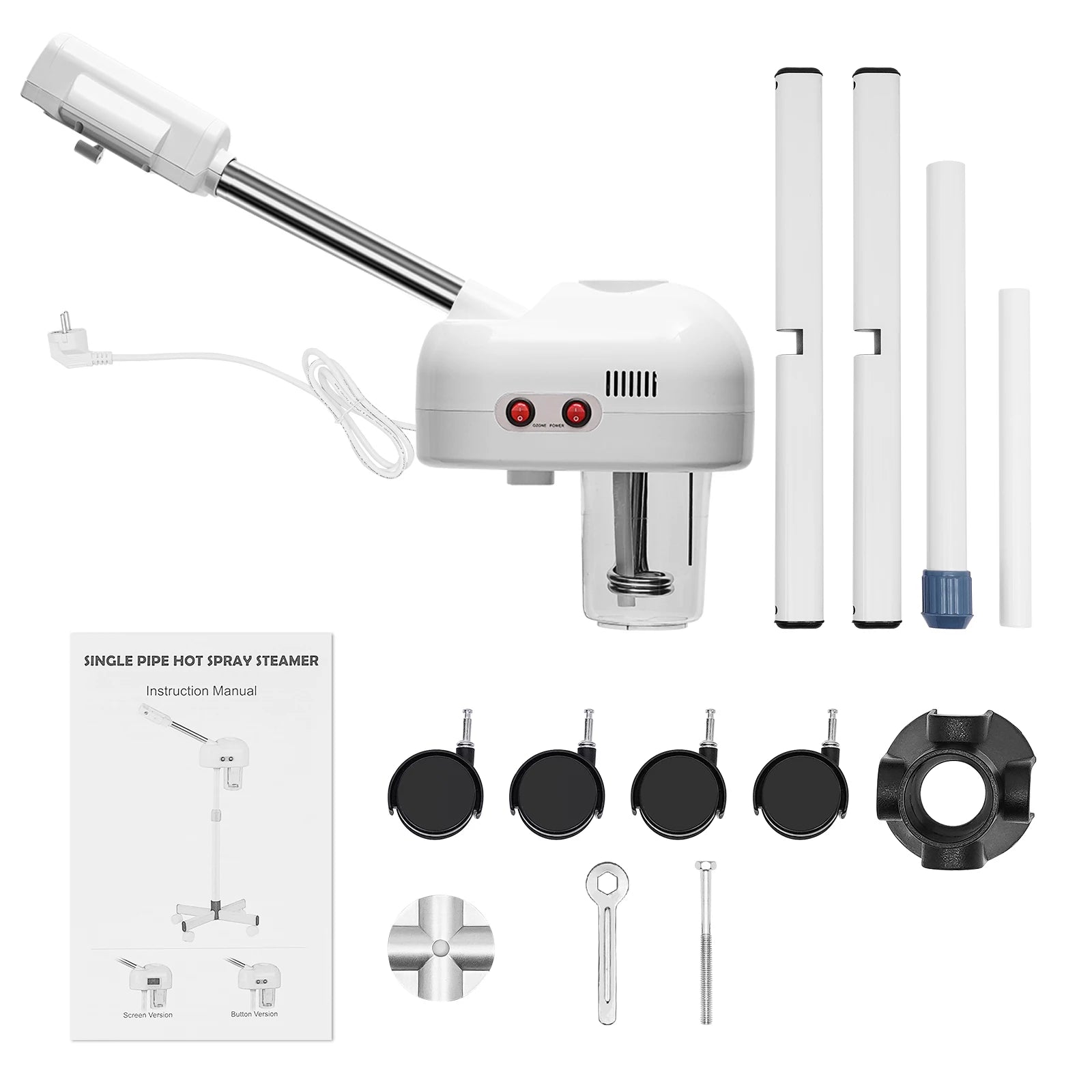 White 750ml professional facial steamer kit with adjustable stand, rotating spray arm, and spa accessories on white.