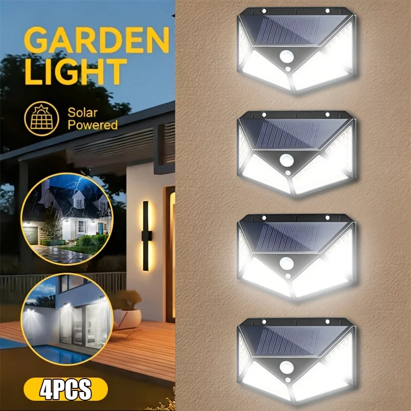 6/4 Pack 100 LED Solar Wall Lights, IP44, Solar Powered with 6-8 Hours Battery Life, Built-in Motion Sensor Auto On, 6500K Color Temperature, Ideal for Street, Courtyard, Mall And Parking Lot Lighting, Ideal Gift for Family