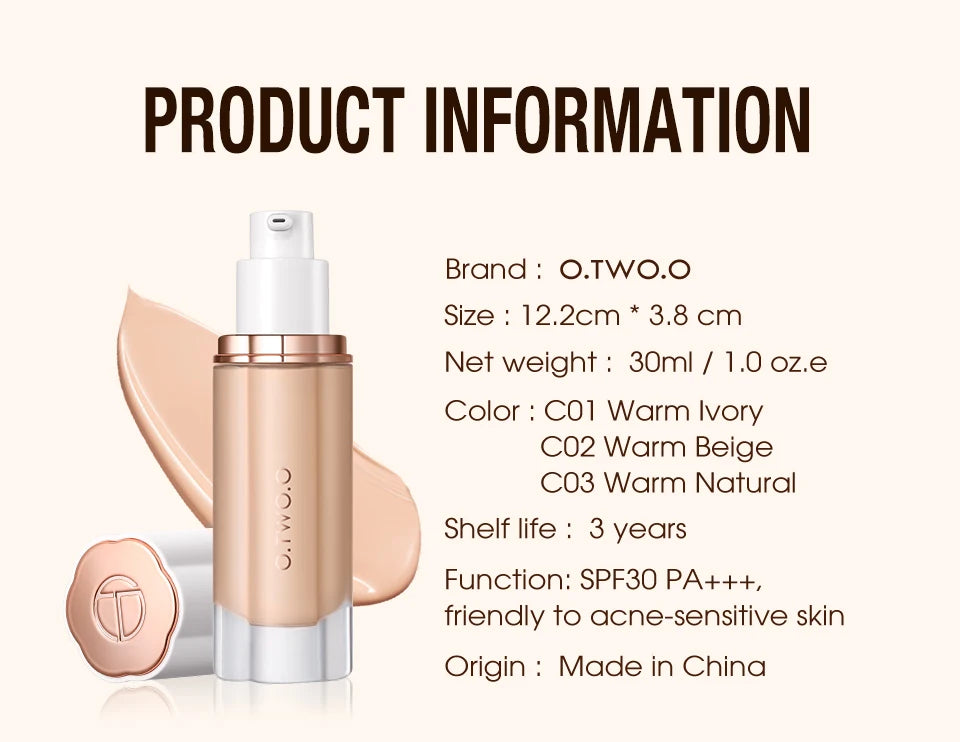Tidesmit O.TWO.O 30ml high coverage liquid foundation SPF30 waterproof face makeup texture close-up