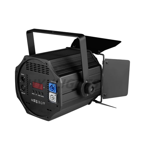 Black LED stage light with rear control panel and side barn-door shields around lens
