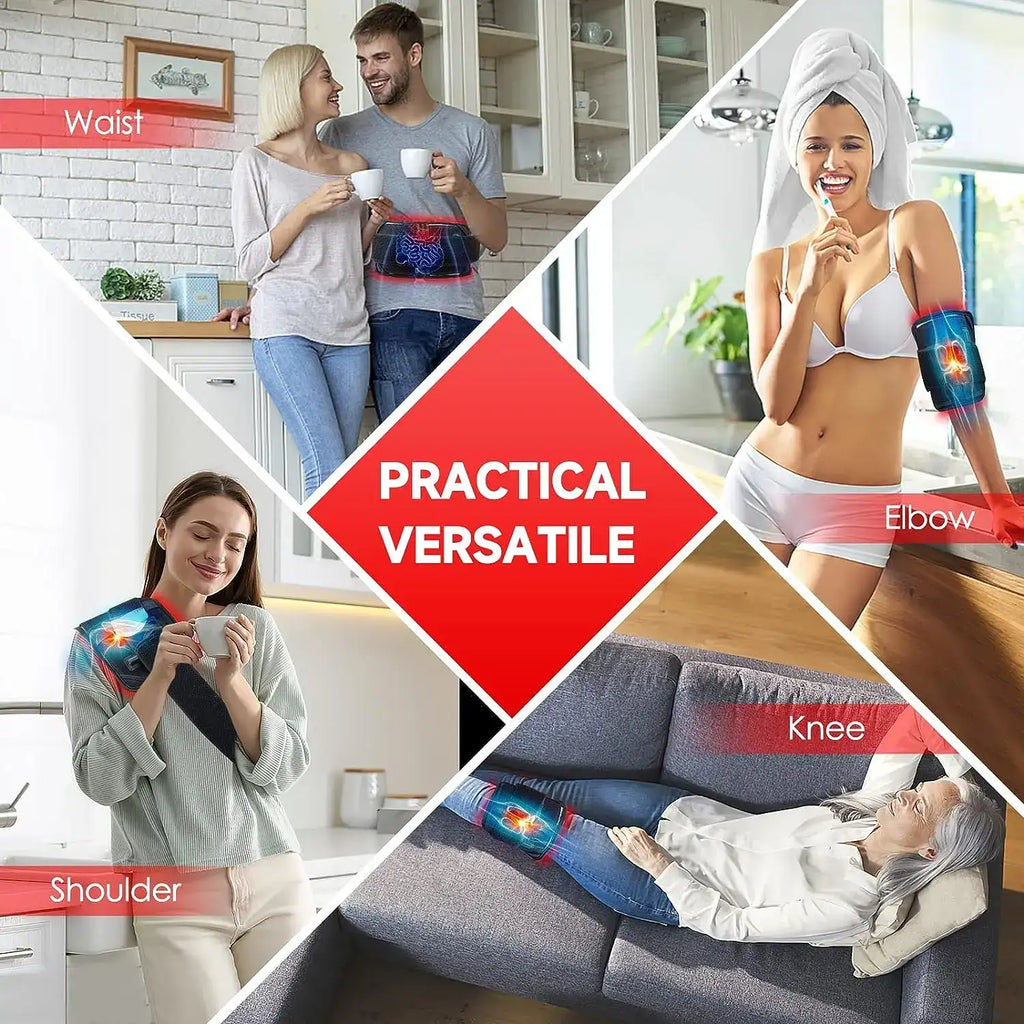 Collage showing a black infrared LED therapy wrap worn on the waist, elbow, shoulder, and knee.