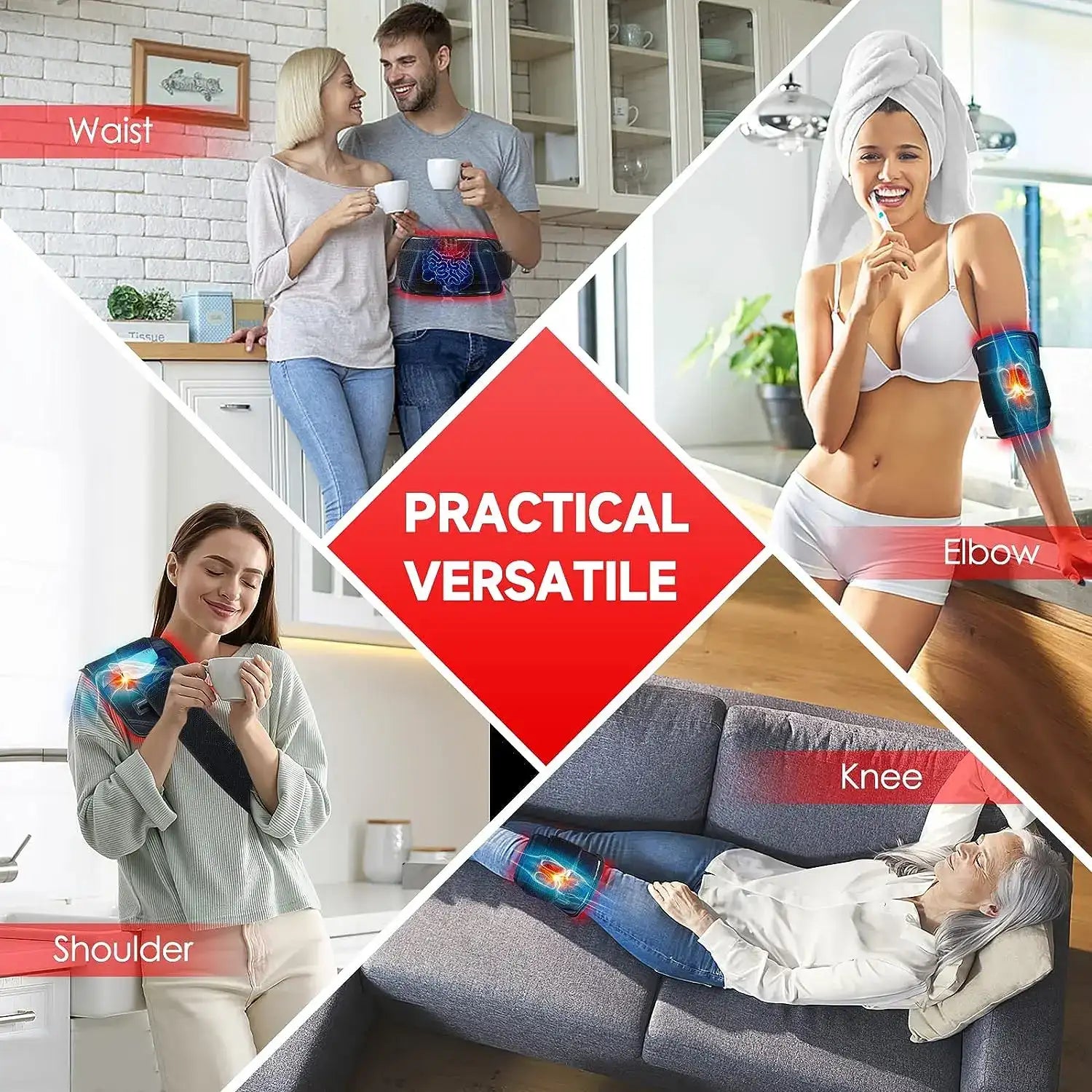 Collage showing a black infrared LED therapy wrap worn on the waist, elbow, shoulder, and knee.