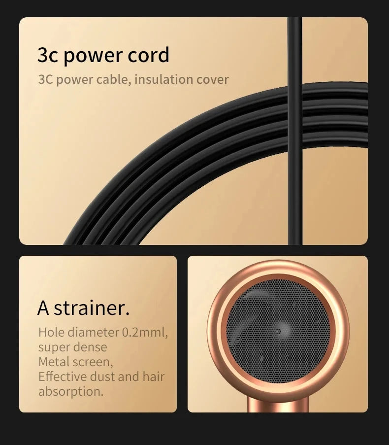 Professional 2000W salon hair dryer features durable 3C power cord and dense metal dust-proof intake filter screen.