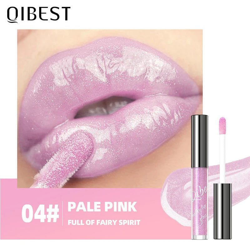 Shimmering pale pink lip gloss with gold sparkle for a plumping, glassy jelly shine on lips.