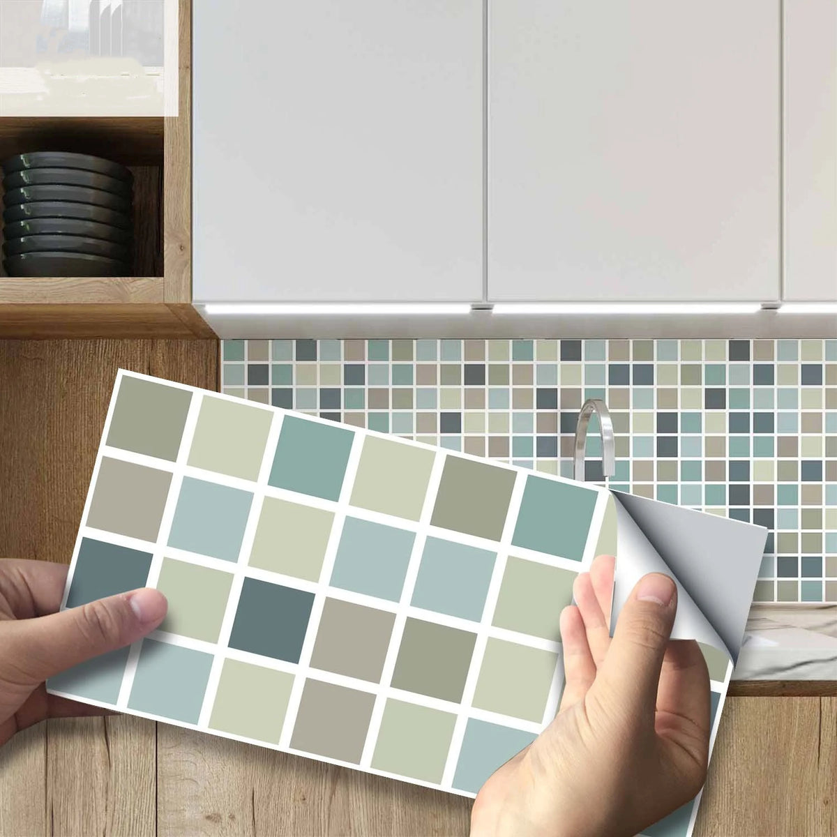 Peel-and-stick brick tile sticker sheet, pale green square tile pattern.