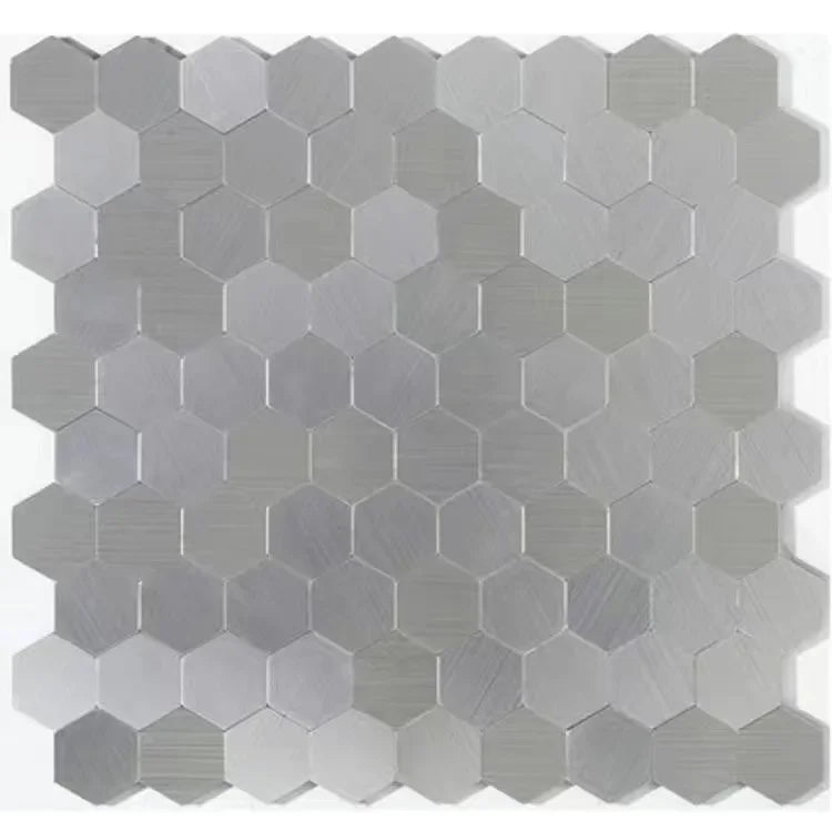 Hexagon peel-and-stick wall tile sheet in light gray with subtle metallic texture