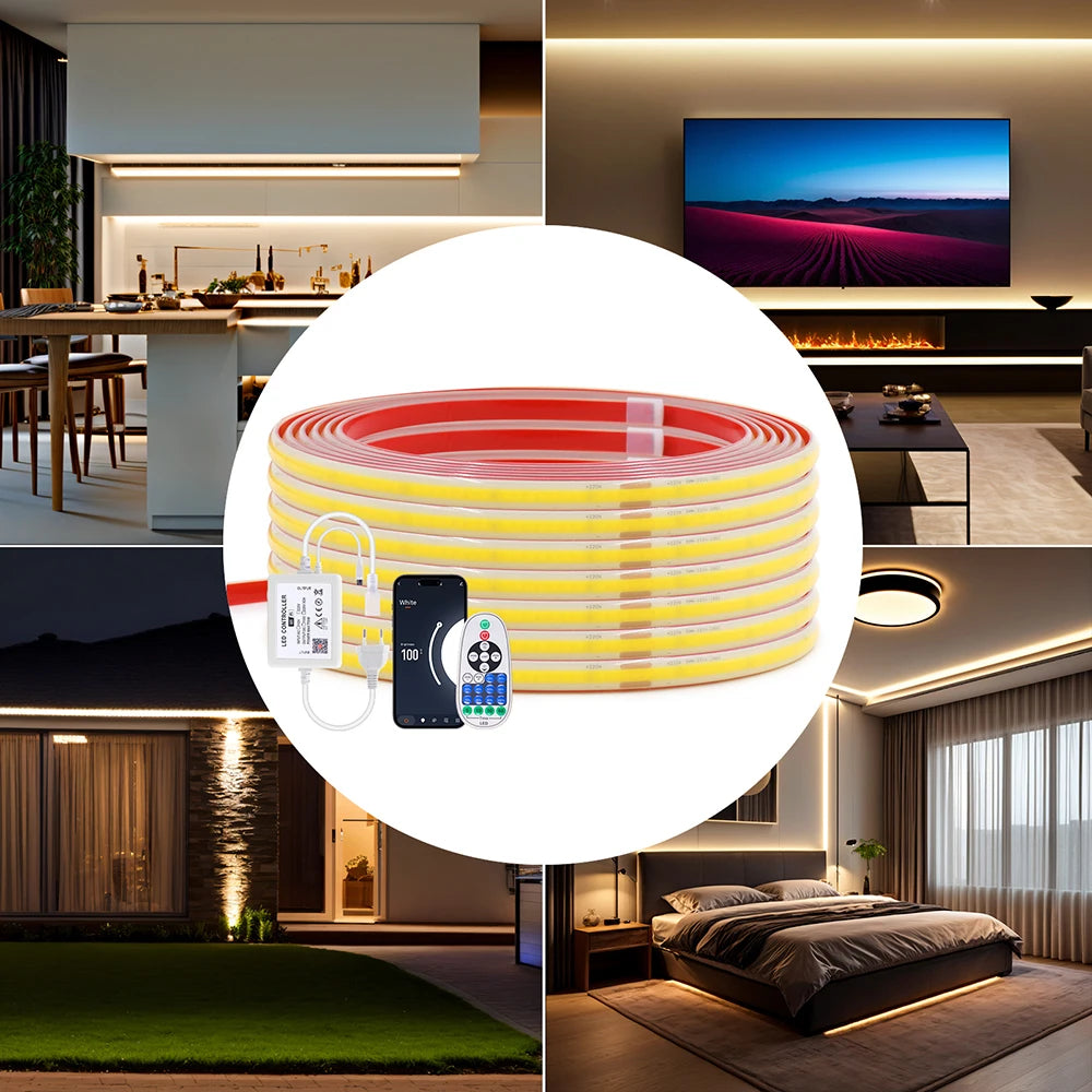 220V Dimmable COB LED Strip Light WIFI Bluetooth Wall Touch 23key Remote Control Power Kit 288LEDs/M Waterproof Flexible Lamp
