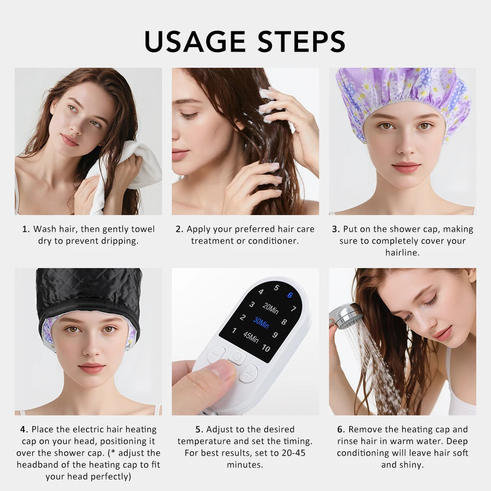 Usage guide for black thermal hair steamer cap with 10 heat levels and digital timer for deep conditioning.