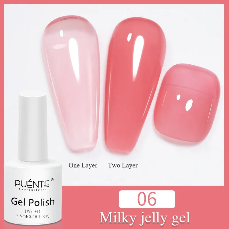 Milky jelly gel polish, 7.5ml bottle, showing translucent pink color intensity with one or two layers on nail tips.