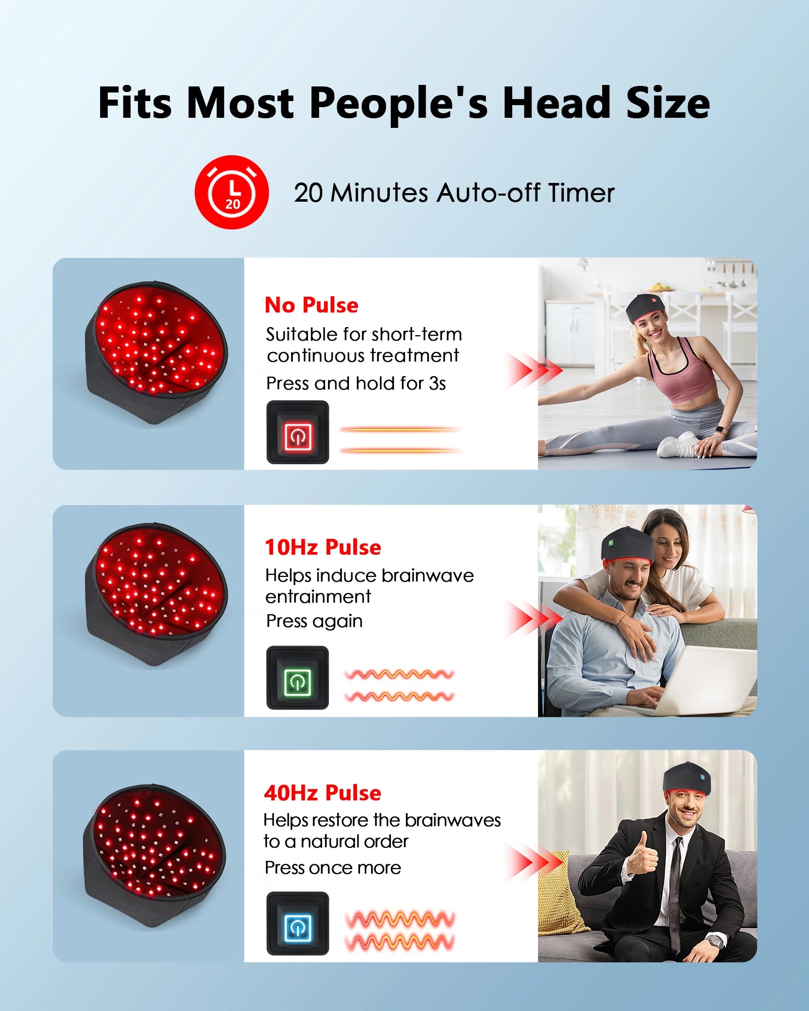 Wired red light therapy hair growth cap with 3 pulse modes, 650nm LLLT technology, and 20-minute auto-off timer.