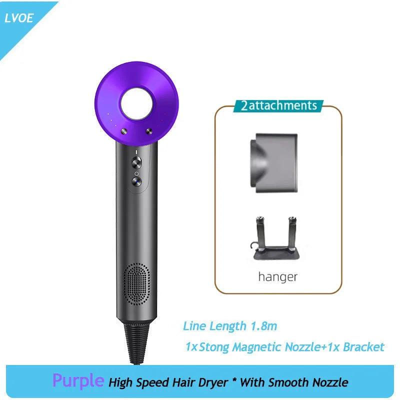 Purple high-speed 1600W ionic hair dryer with magnetic nozzle and storage hanger for salon-quality results.