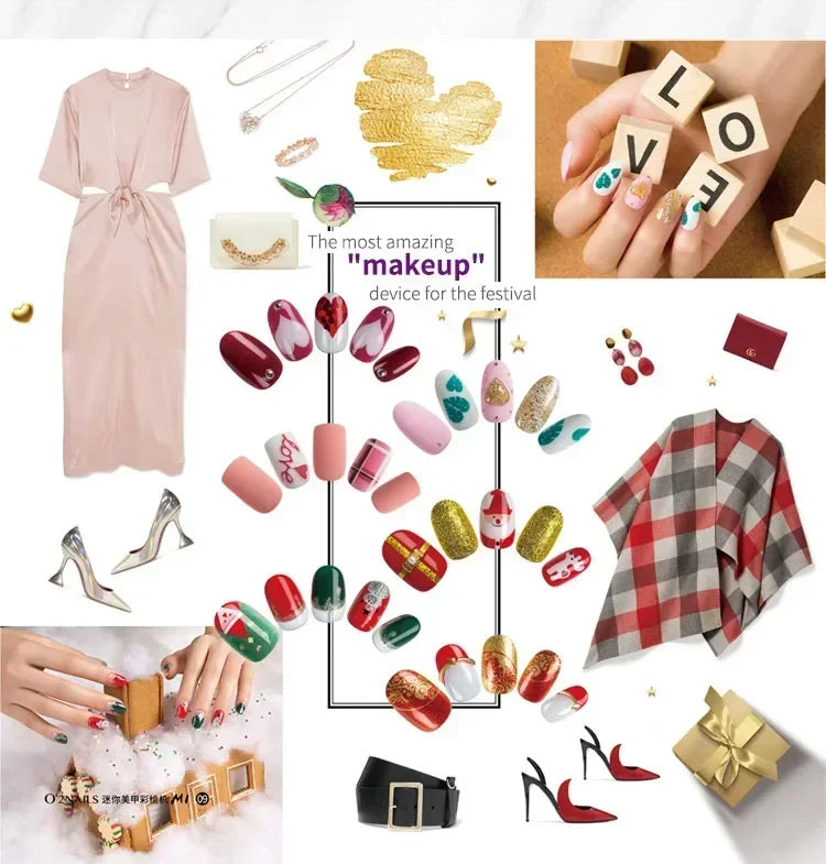 Smart 3D nail printer displaying various festive nail art designs, patterns, and colorful holiday-themed manicures.