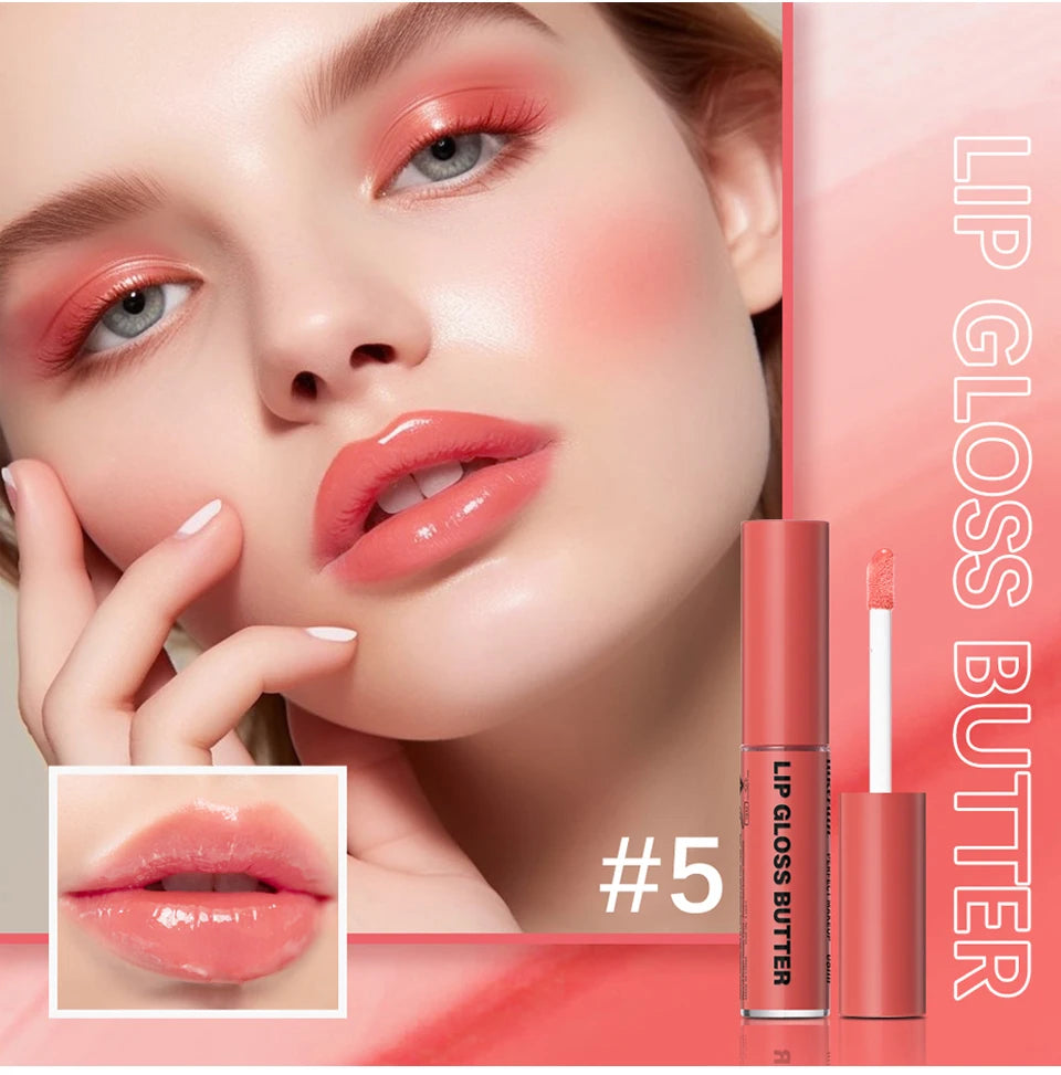 Model wearing mirror-finish, non-stick butter lip gloss in shade #5 for a moisturizing, glossy, high-shine makeup look.