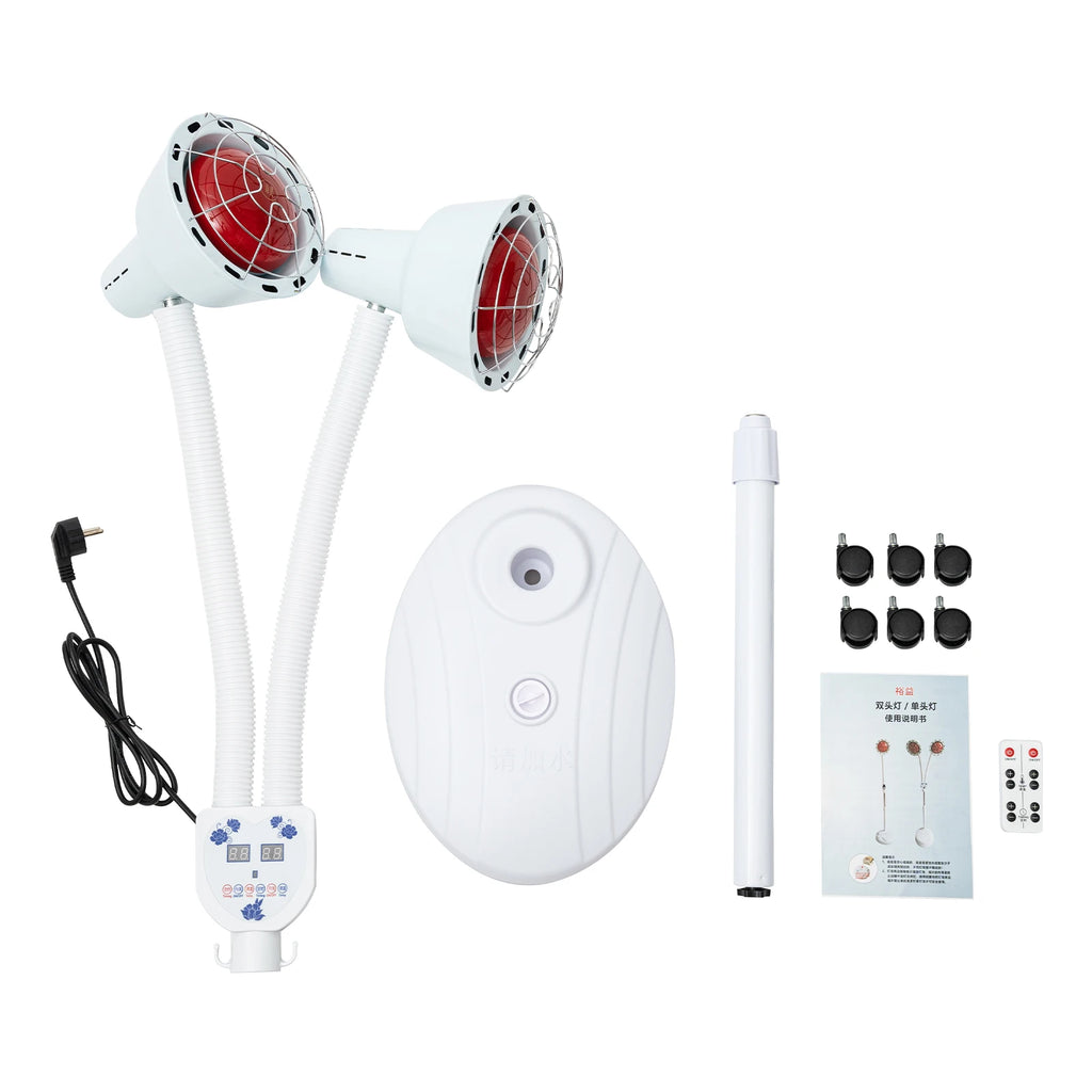 Dual-head infrared heat lamp with adjustable goosenecks, floor base, wheels, remote control, and user manual.
