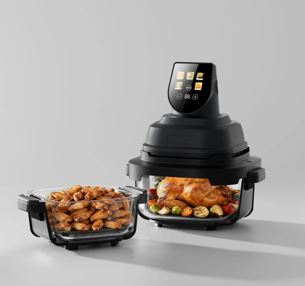 Air fryer with dual glass liner baskets and touchscreen display, cooking chicken and potatoes